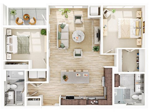 Floor plan for 2 beds, 2 baths, 1087 sqft